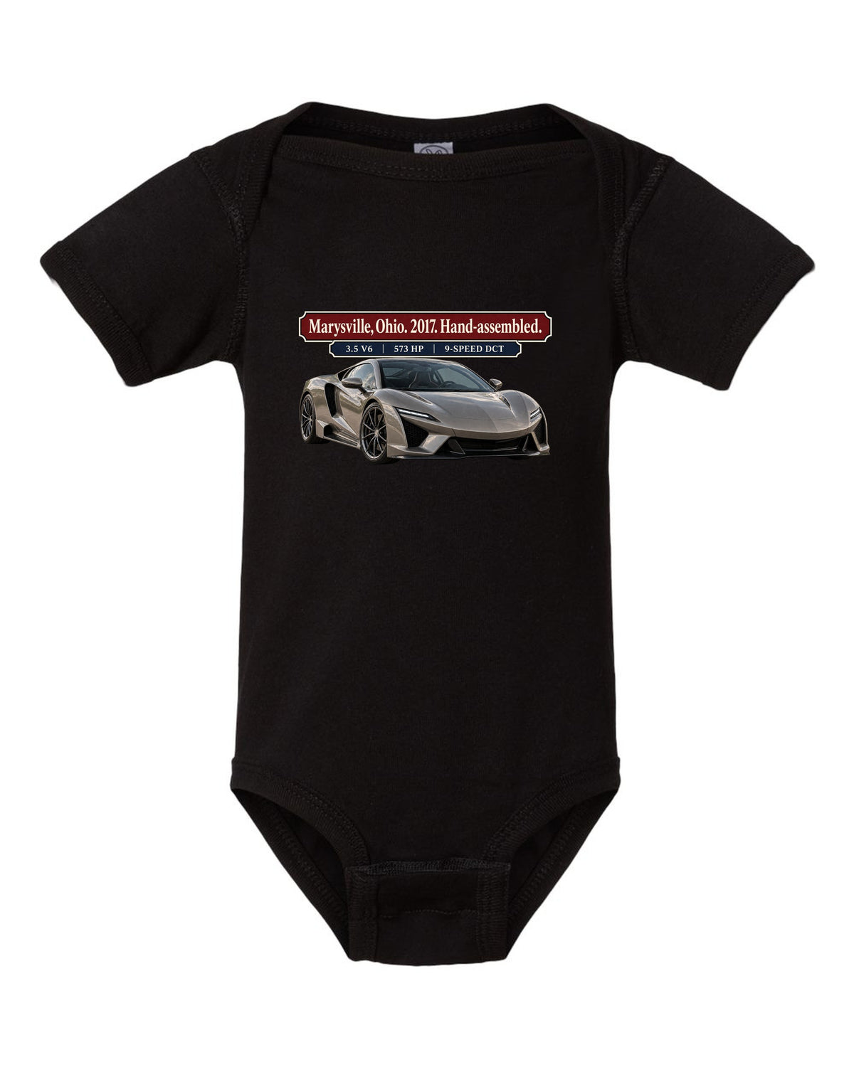 Archive panel print of a 2017 Acura NSX NC1 launch car in warm grey black baby onesie front view with the design