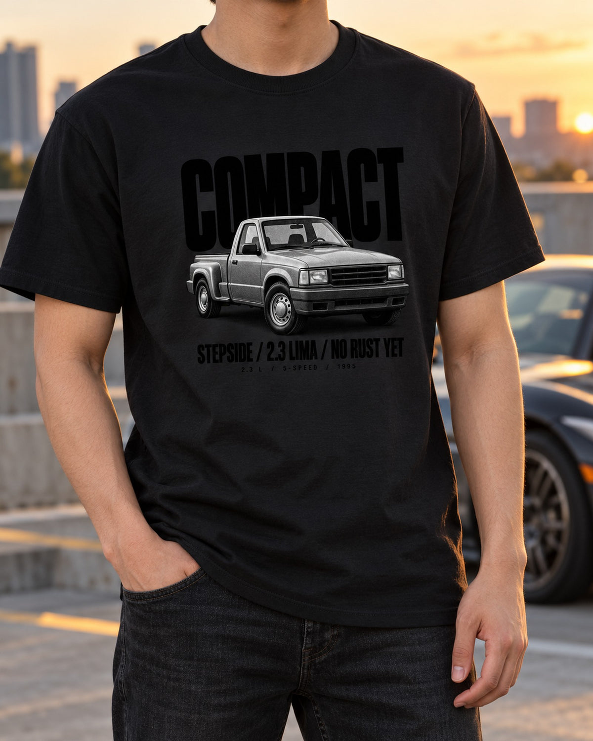1995 Ford Ranger Stepside Compact Halftone Tee, Classic Truck T-Shirt Black worn hero
