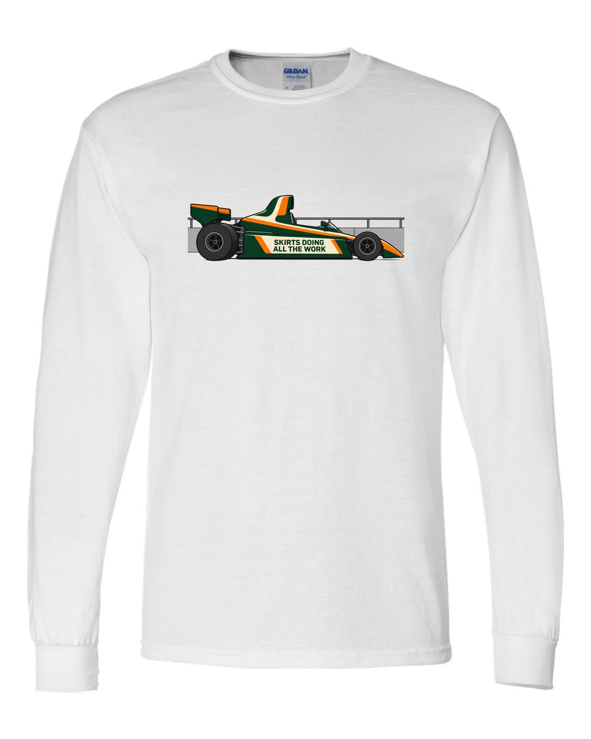 Flat vector Lotus 79 Formula 1 car with the lettering skirts doing all the work white long sleeve front view with the design