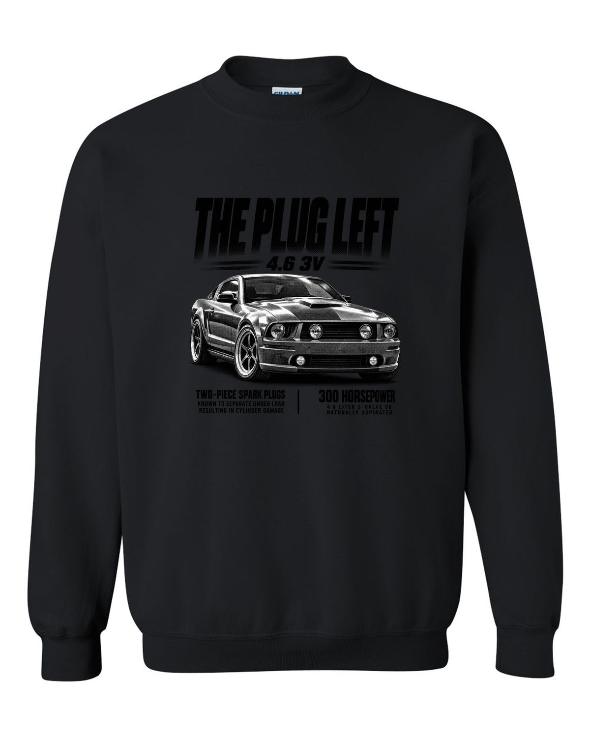 Halftone print of a 2005-09 Ford Mustang S197 GT with 4.6 3V text black crewneck front view with the design