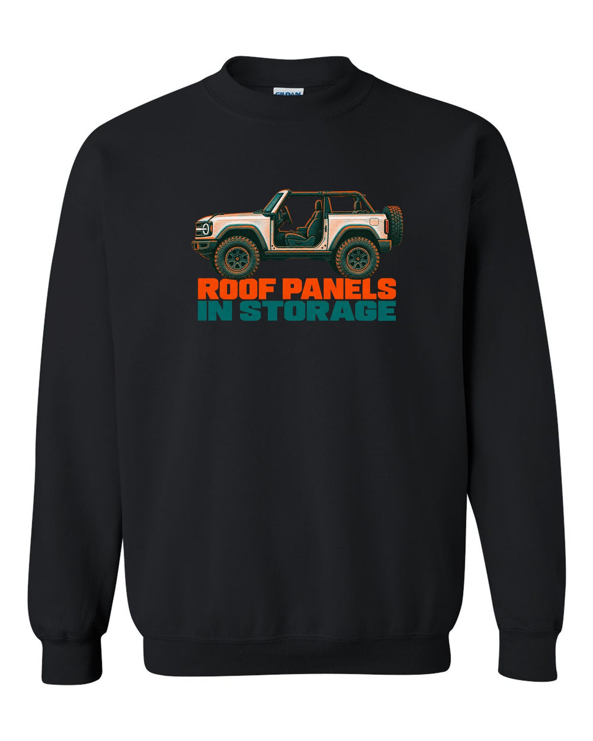 Risograph two-colour print of the Ford Bronco two-door U725 with roof panels in storage text black crewneck front view with the design