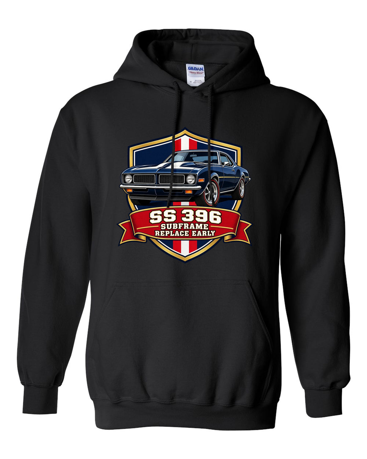 1968 Camaro SS 396 in a varsity shield design with text SS 396 Subframe Replace Early black pull over hoodie front view with the design