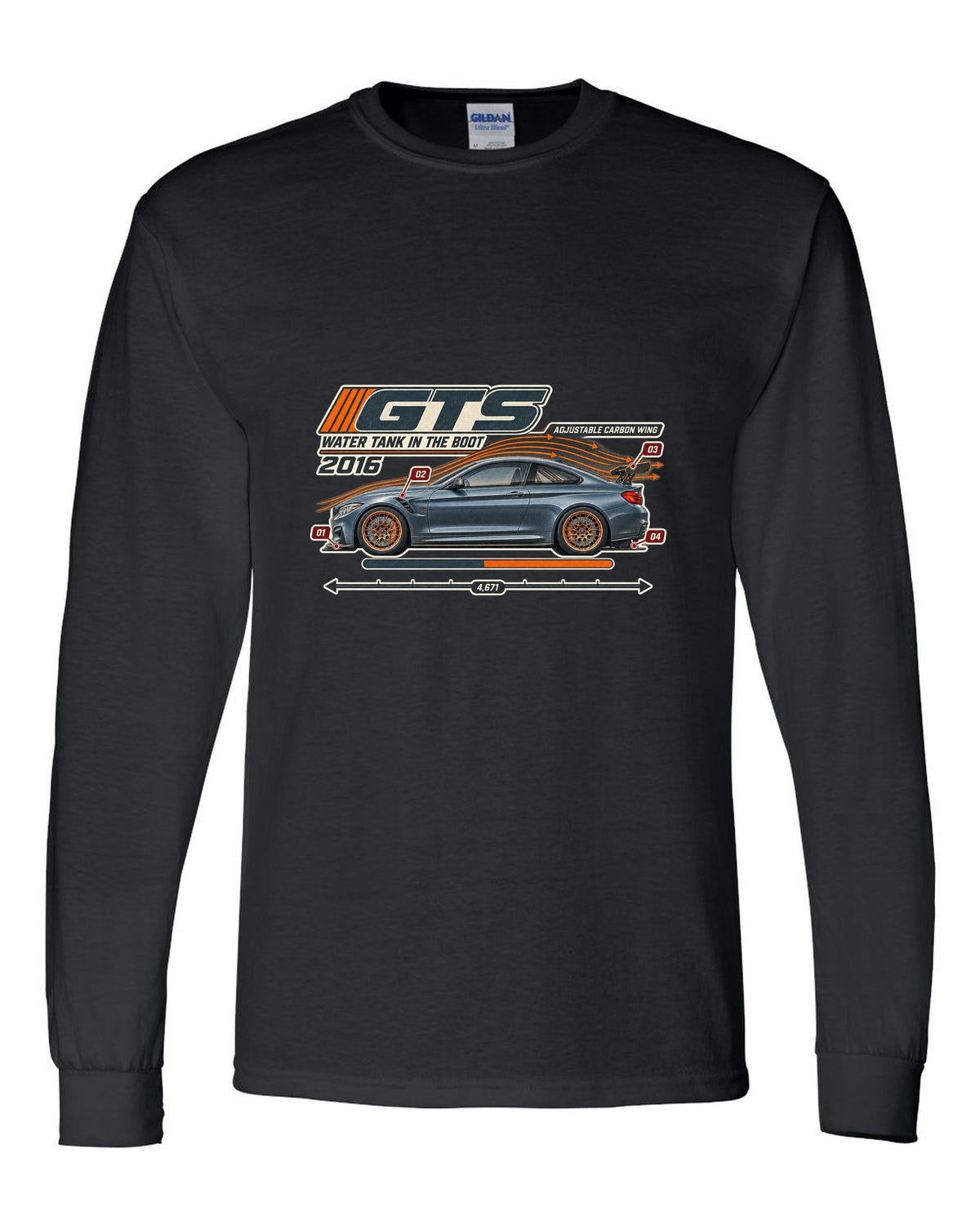 BMW M4 GTS F82 aero cutaway with callouts print black long sleeve front view with the design