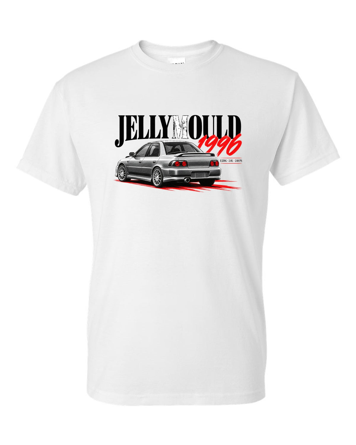 Subaru Impreza WRX GC8 saloon 1996 with Jellymould headline and EJ20G 240 PS text white t-shirt front view with the design