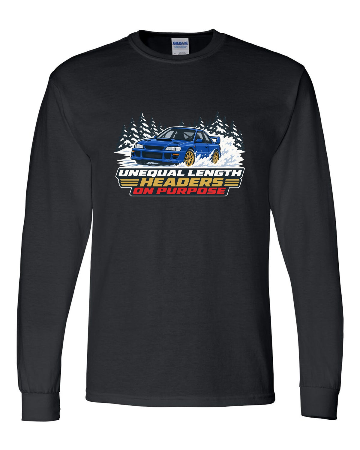 Flat vector print of a Subaru Impreza WRX STI GC8 with unequal length headers on purpose lettering black long sleeve front view with the design