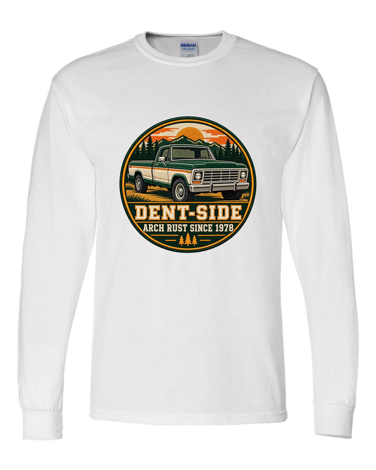 Dent-Side Ford F-150 1973-79 Varsity Crest Graphic Tee white long sleeve front view with the design
