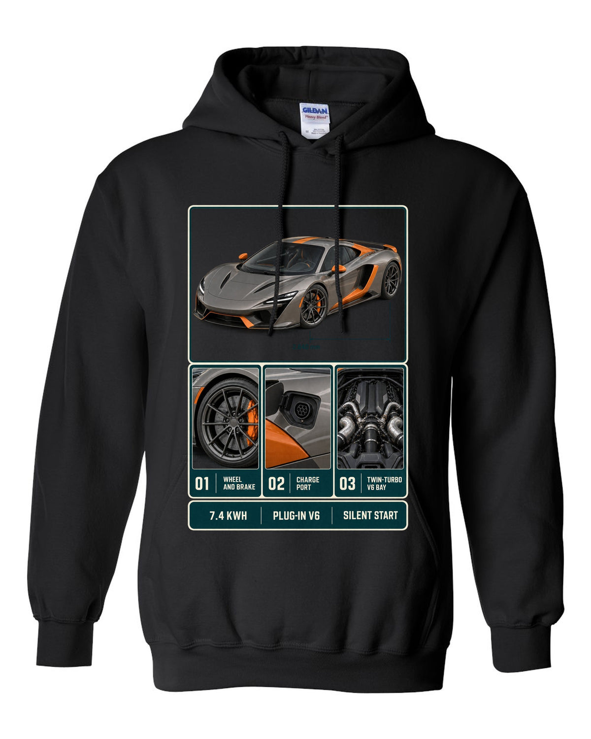 McLaren Artura dossier panel print with 7.4 kWh, plug-in V6 and silent start black pull over hoodie front view with the design