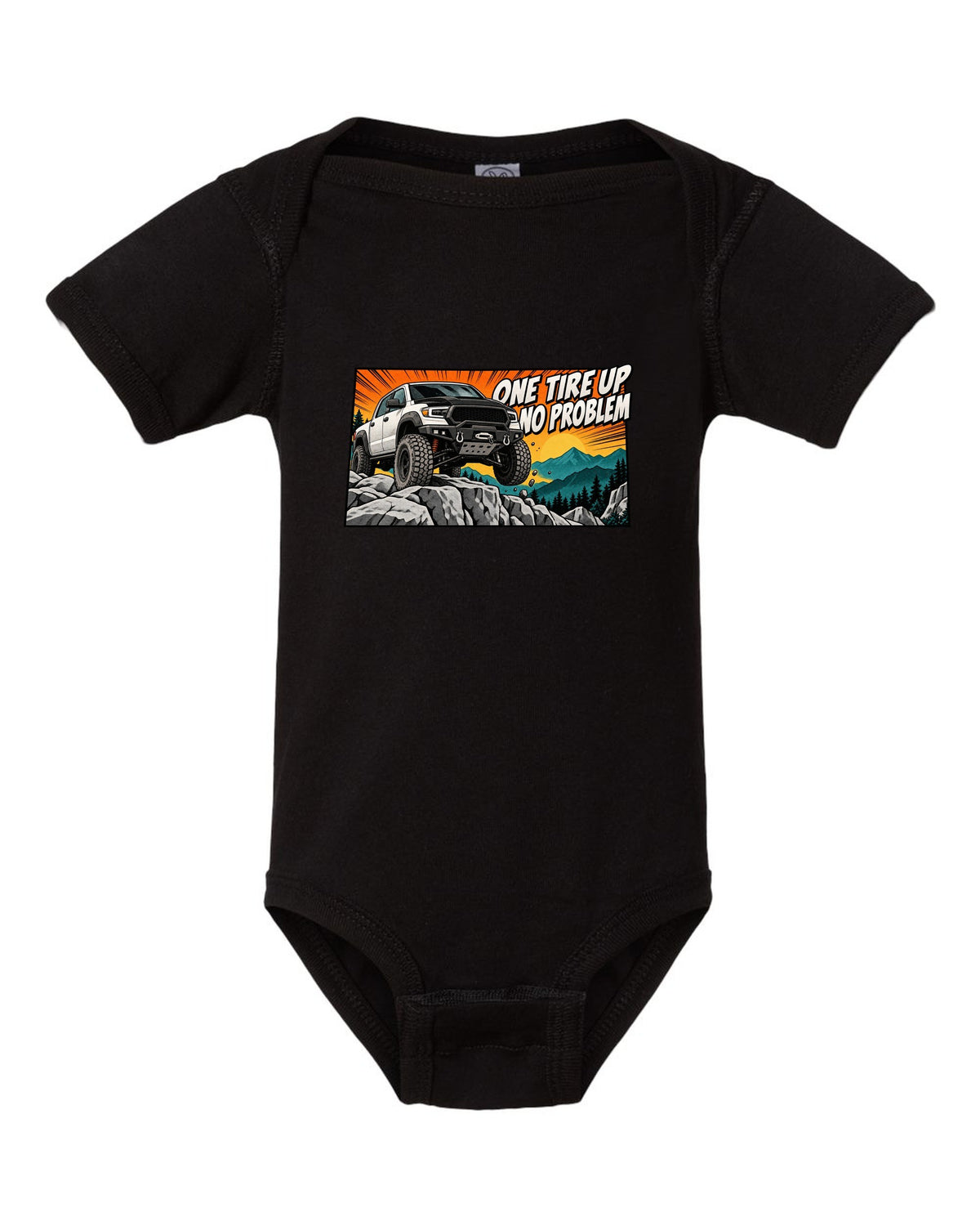 Retro manga halftone print of a Ram Power Wagon 2500 4x4 with one tire up on a ledge black baby onesie front view with the design