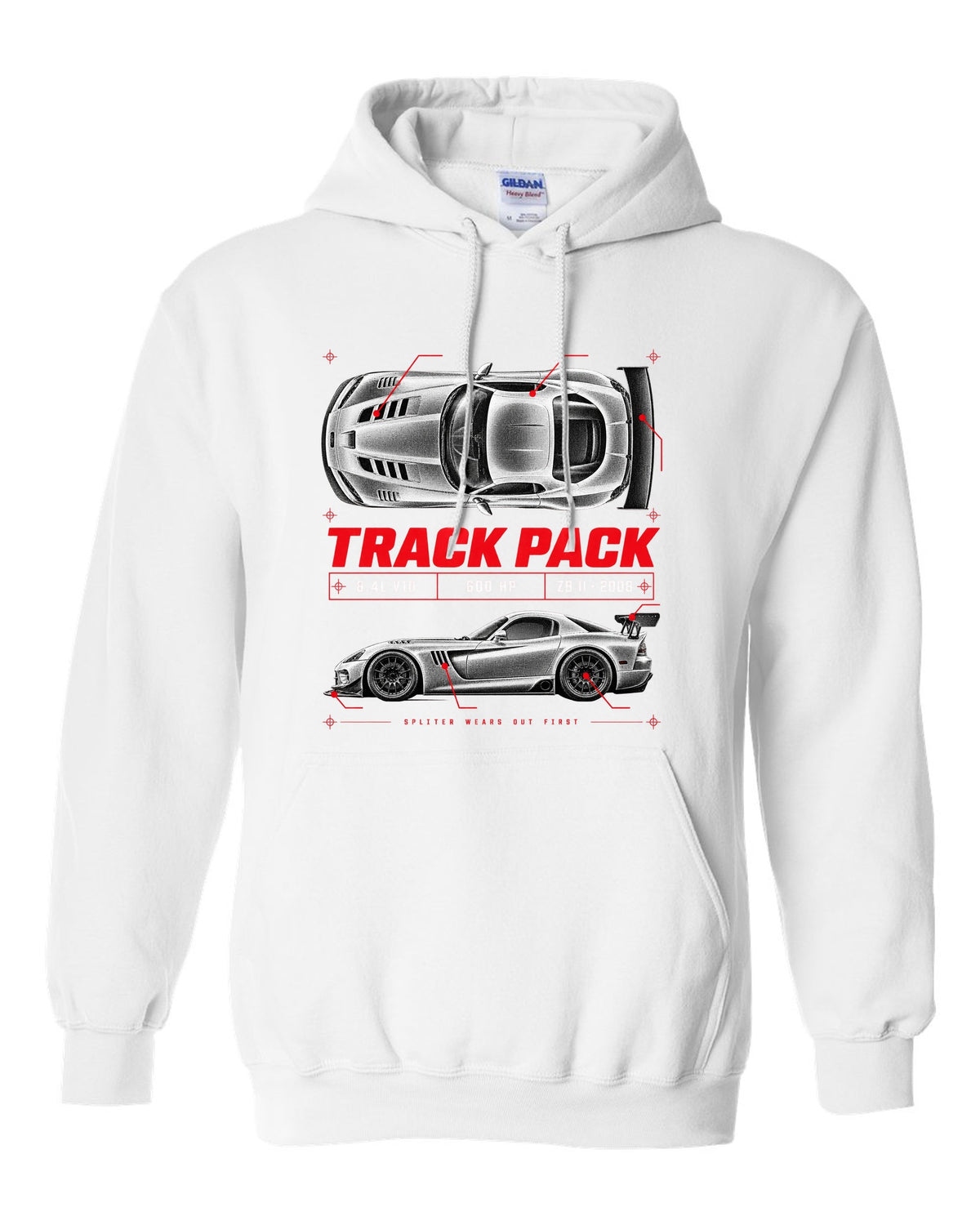 Spec poster print of a 2008 Dodge Viper ACR ZB II with Track Pack, 8.4L V10 and 600 HP text white pull over hoodie front view with the design