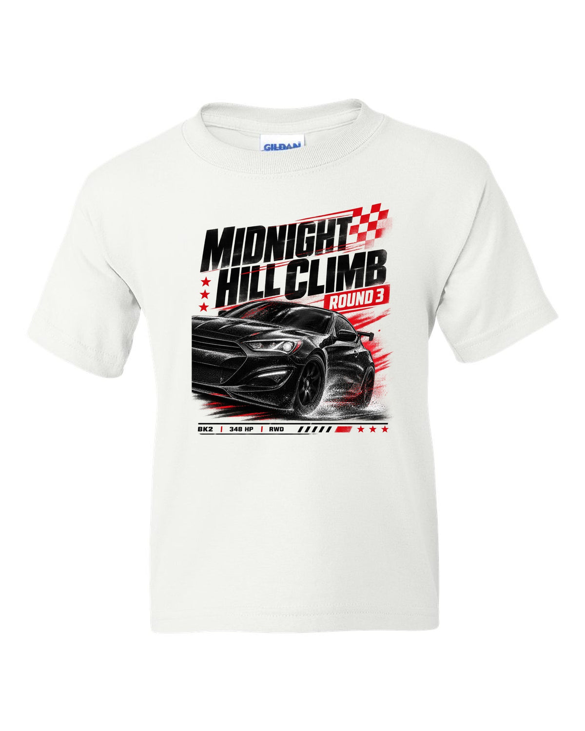 Hyundai Genesis Coupe BK2 midnight hill climb race poster white kids tee front view with the design
