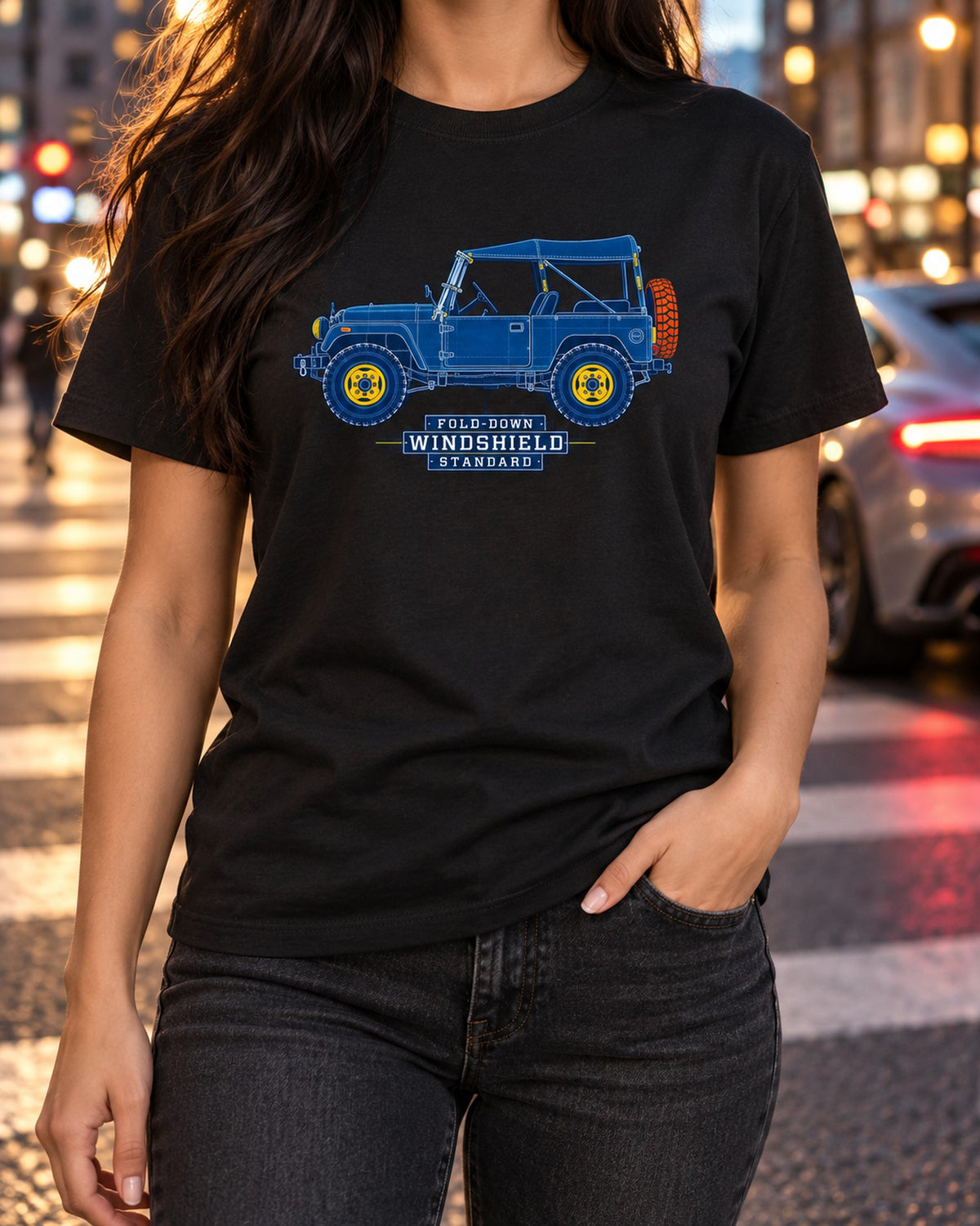 FJ40 Land Cruiser Cyanotype Fold-Down Windshield Shirt T-Shirt Black worn hero
