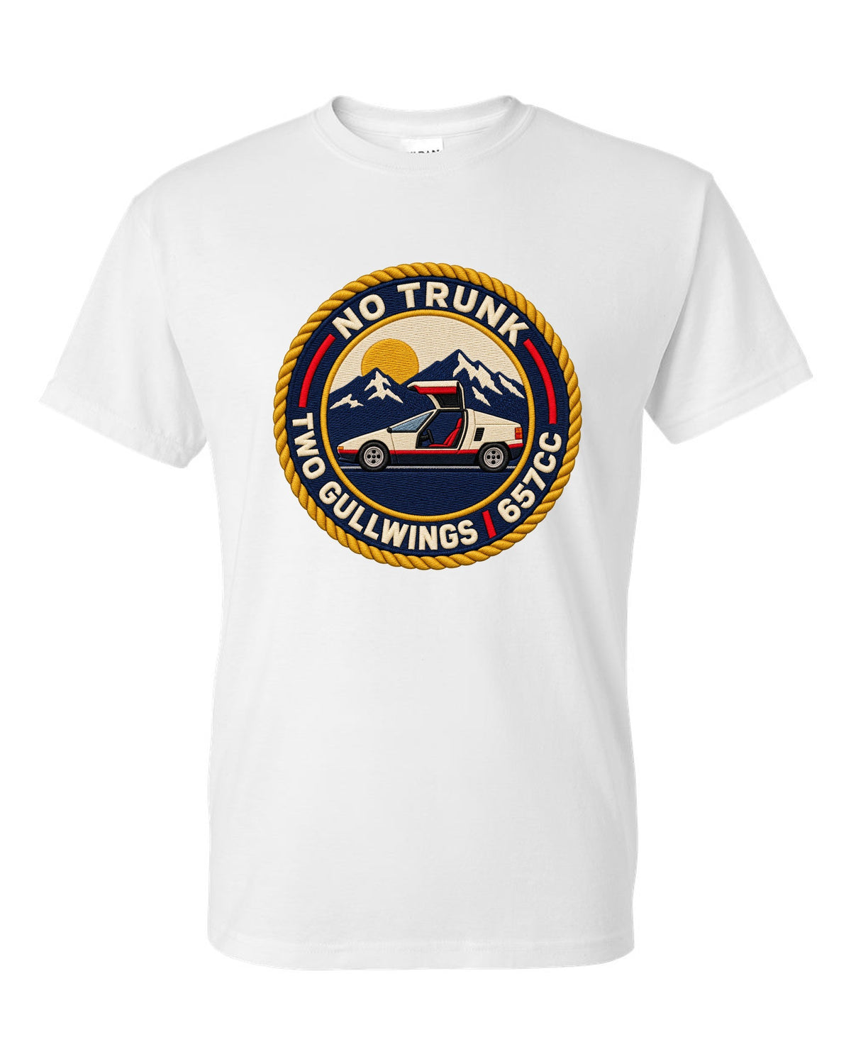 Embroidery-style varsity crest print for the Autozam AZ-1 PG6SA with no trunk two gullwings 657cc lettering white t-shirt front view with the design