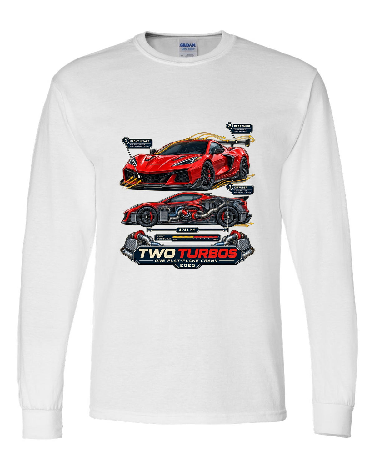 print of a Chevrolet Corvette C8 ZR1 cutaway with callouts for twin turbos and flat-plane crank white long sleeve front view with the design