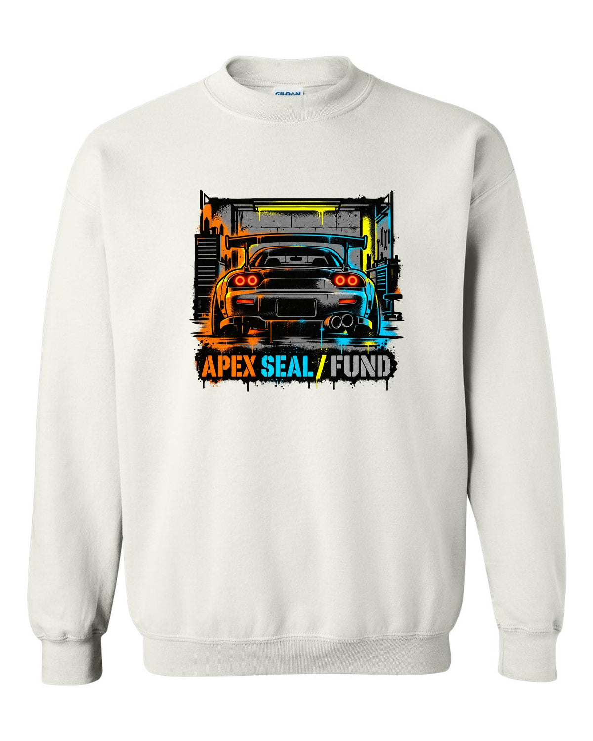 Stencil spray street art print of a Mazda RX-7 FD3S with the text Apex Seal Fund white crewneck front view with the design