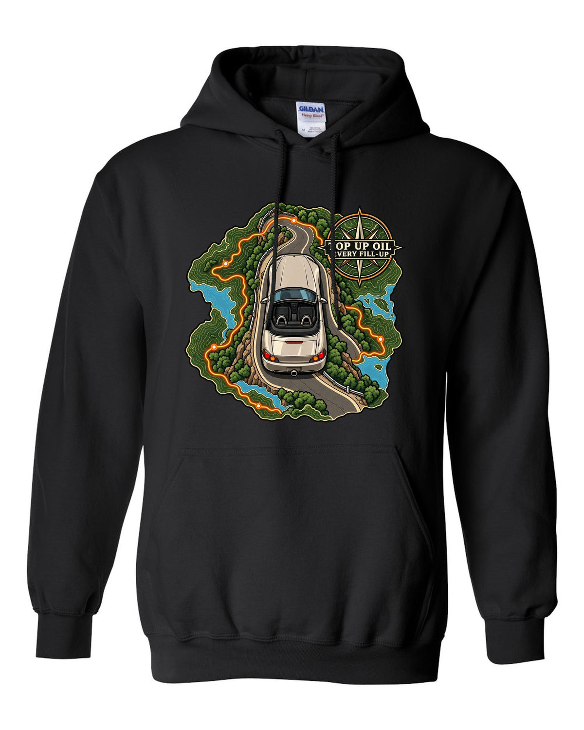 Topographic route map print of a 1999 Honda S2000 AP1 roadster with top up oil text black pull over hoodie front view with the design