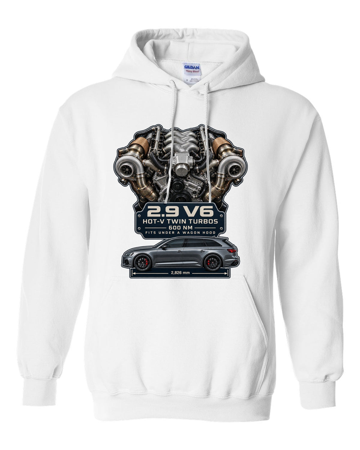 Audi RS4 B9 2.9 TFSI hot-V twin-turbo V6 engine graphic print white pull over hoodie front view with the design