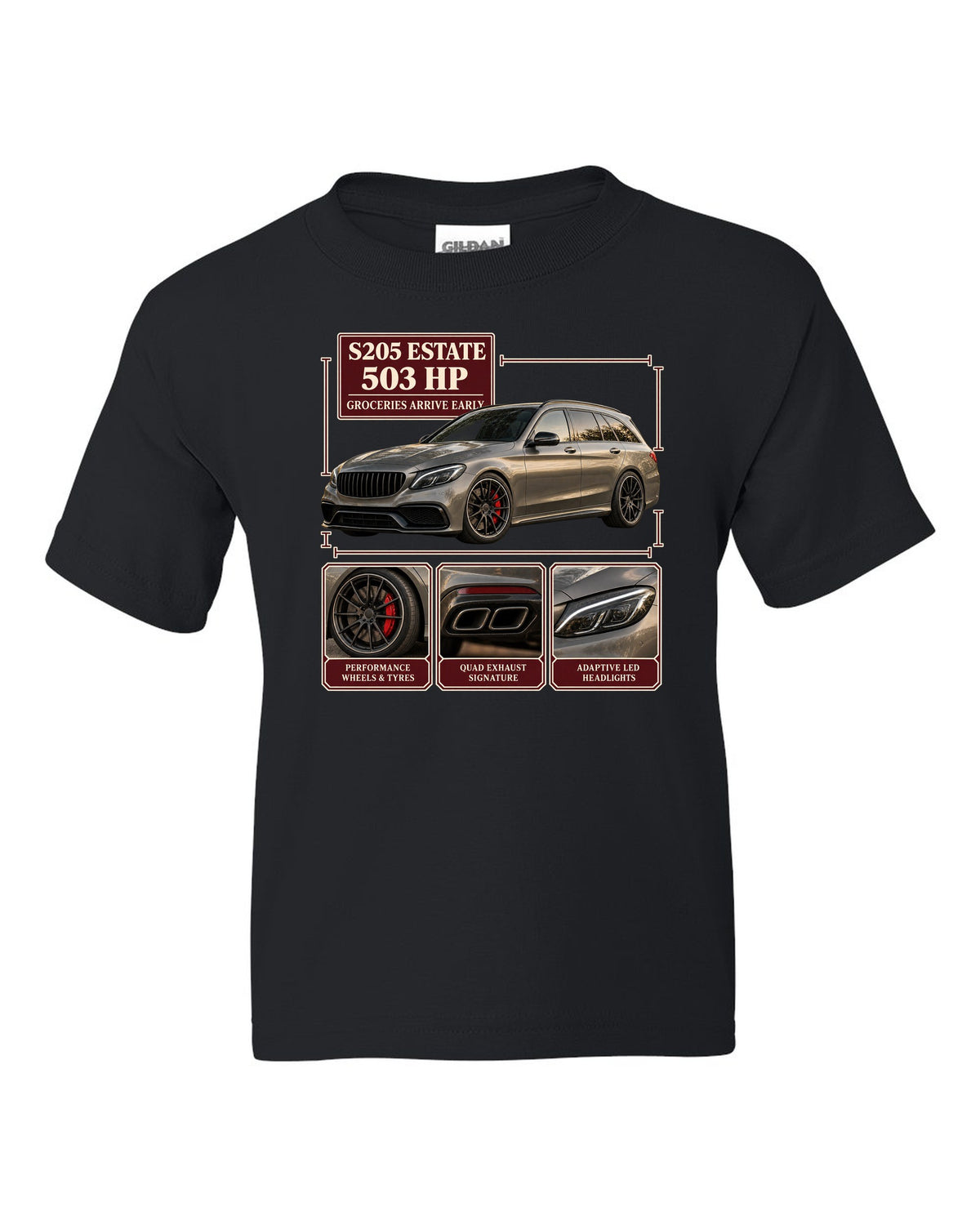 Mercedes-AMG C63 S Estate S205 dossier panel design in warm grey black kids tee front view with the design