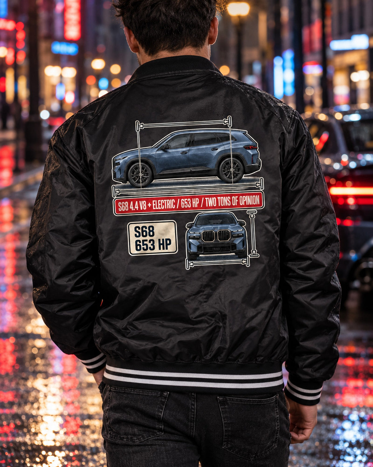BMW XM G09 Dimension Blueprint Tee, S68 V8 Plug-In SUV Bomber Jacket Black worn hero