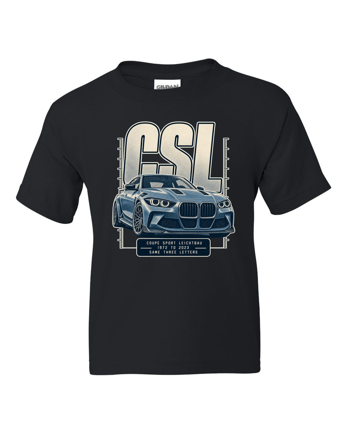 BMW CSL halftone lettering print, 1972 to 2023 black kids tee front view with the design