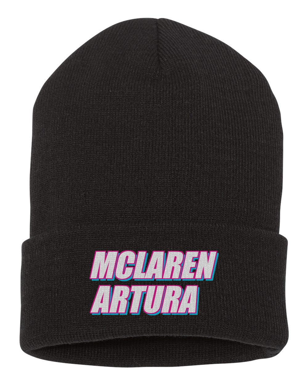Mclaren Artura black beanie front view with car name