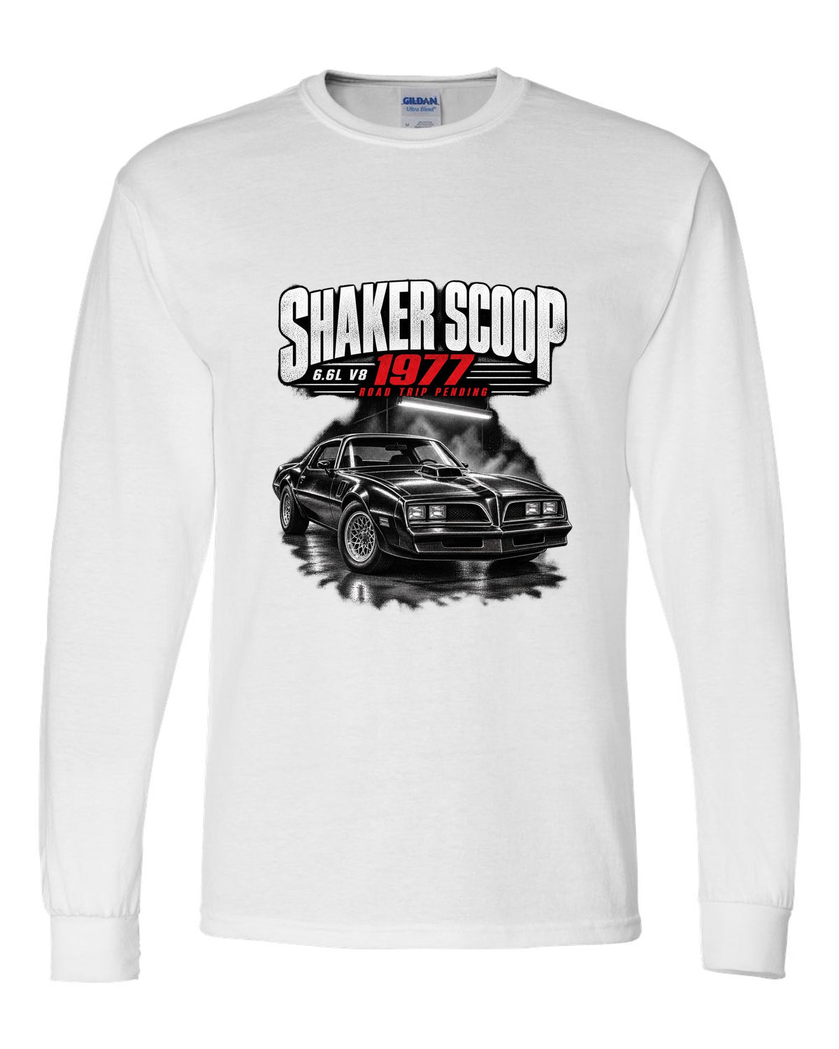 Garage night print of a 1977 Pontiac Firebird Trans Am with shaker scoop white long sleeve front view with the design
