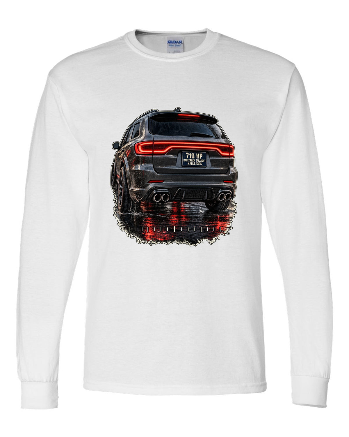 print of a Dodge Durango SRT Hellcat taillight close-up white long sleeve front view with the design