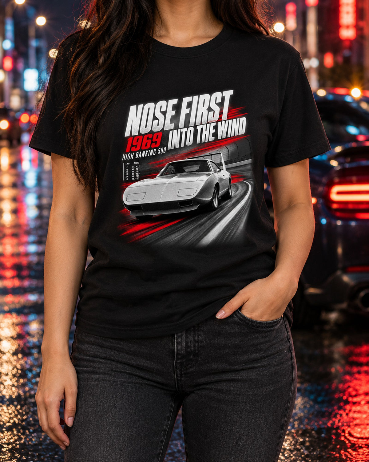 1969 Dodge Charger Daytona Nose First Race Poster Tee T-Shirt Black worn hero