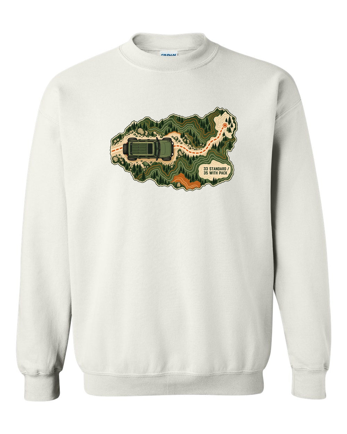 Topographic route map art of a 2021 Ford Bronco 4-door Badlands with 33 STANDARD 35 WITH PACK notes white crewneck front view with the design