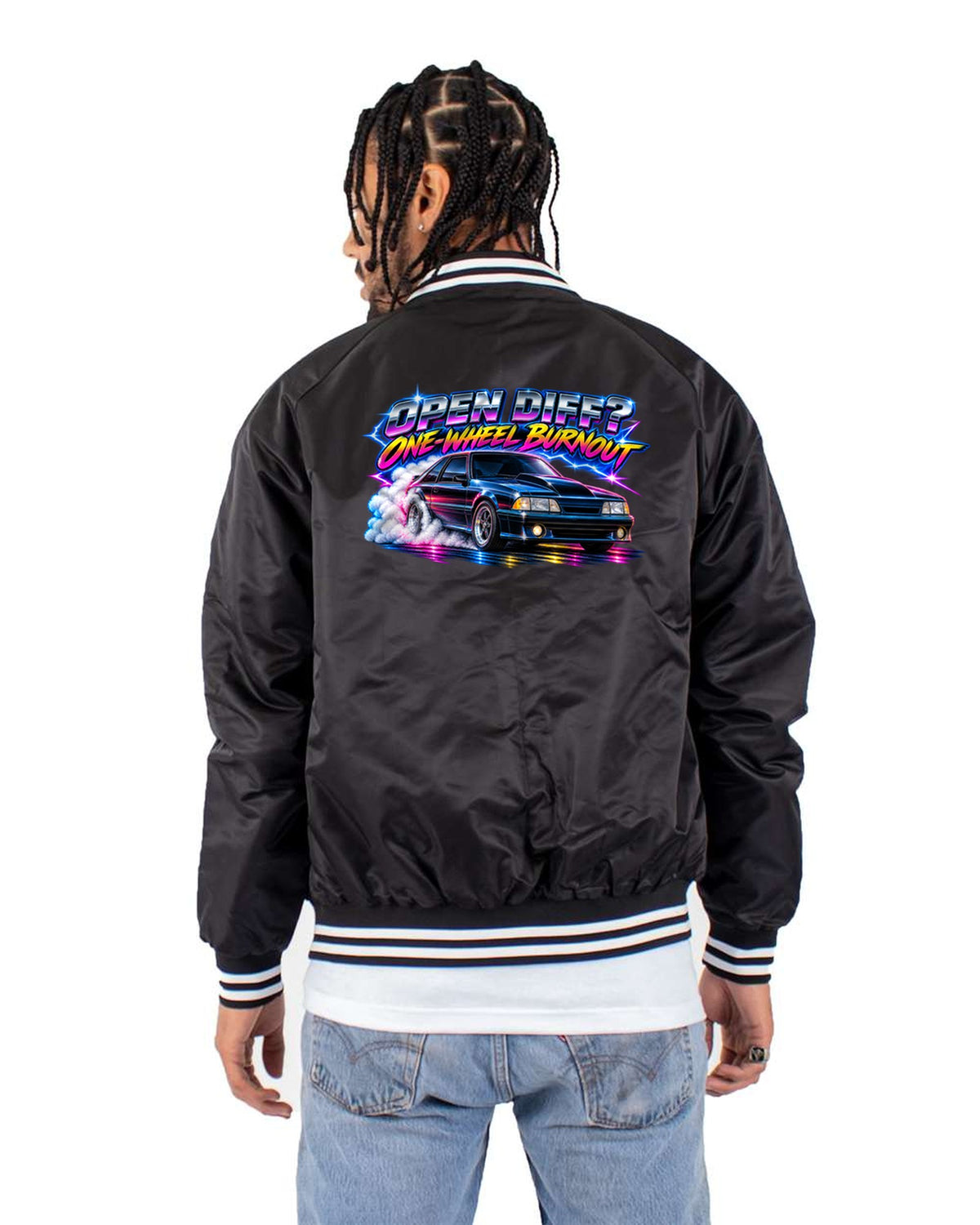 Fox Body Mustang GT Hatchback 80s Chrome Burnout Shirt Bomber Jacket Black back