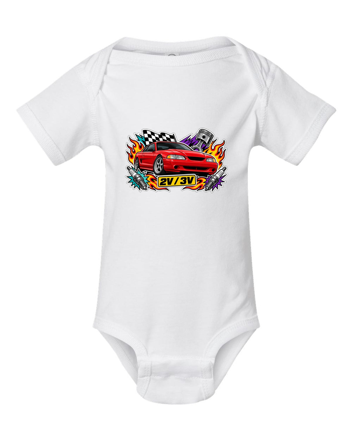 Sticker bomb collage of a 1994-98 SN95 Ford Mustang coupe with 2V 3V text white baby onesie front view with the design