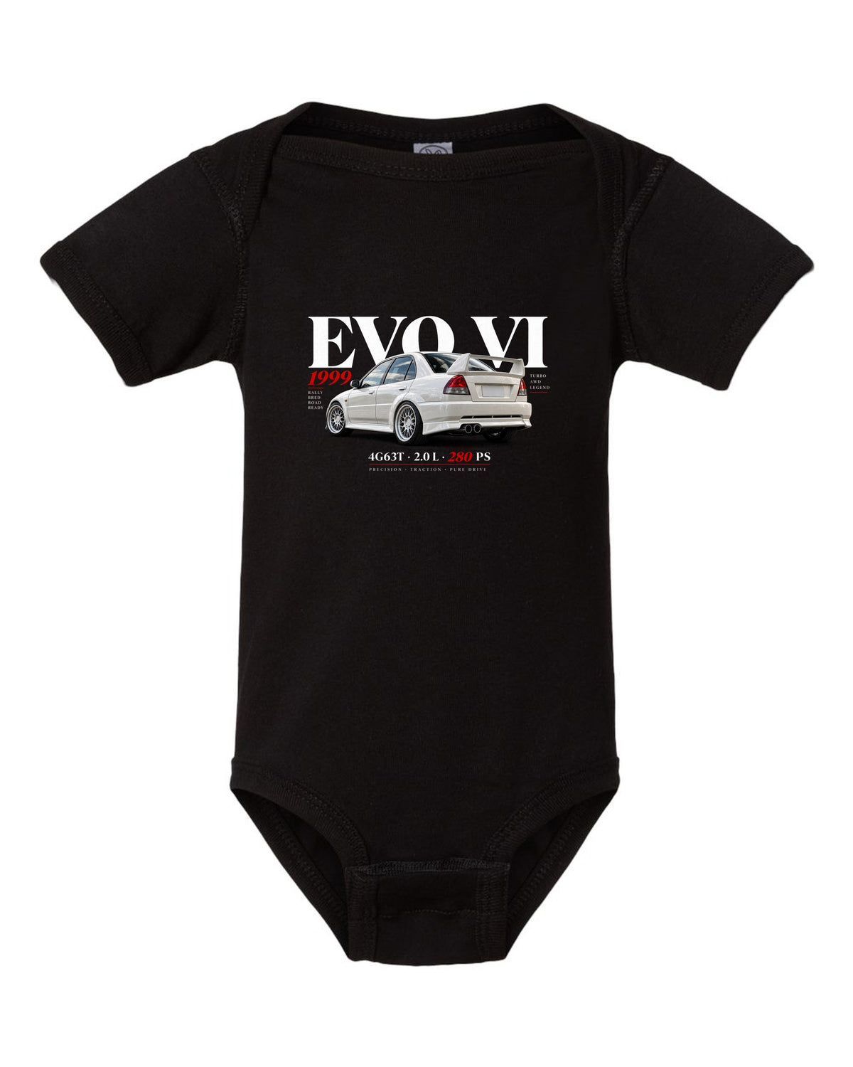 Mitsubishi Lancer Evolution VI TME CP9A editorial headline with 4G63T specs black baby onesie front view with the design