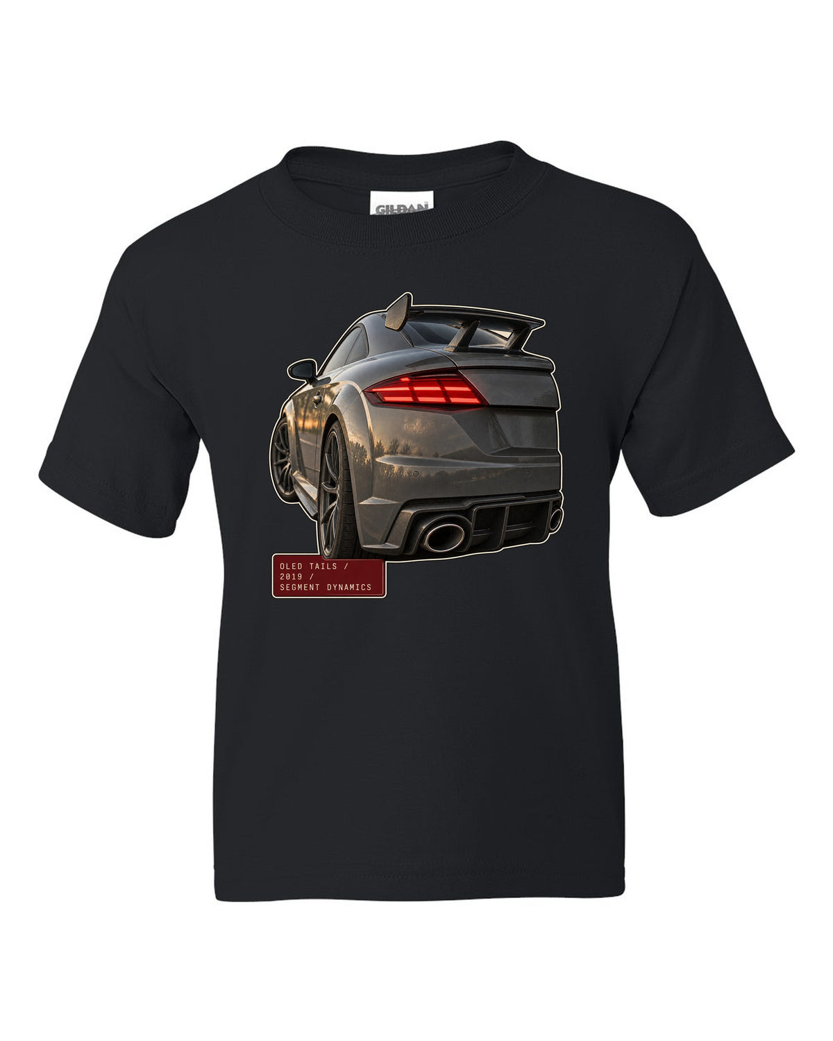 Audi TT RS facelift OLED taillight macro print black kids tee front view with the design
