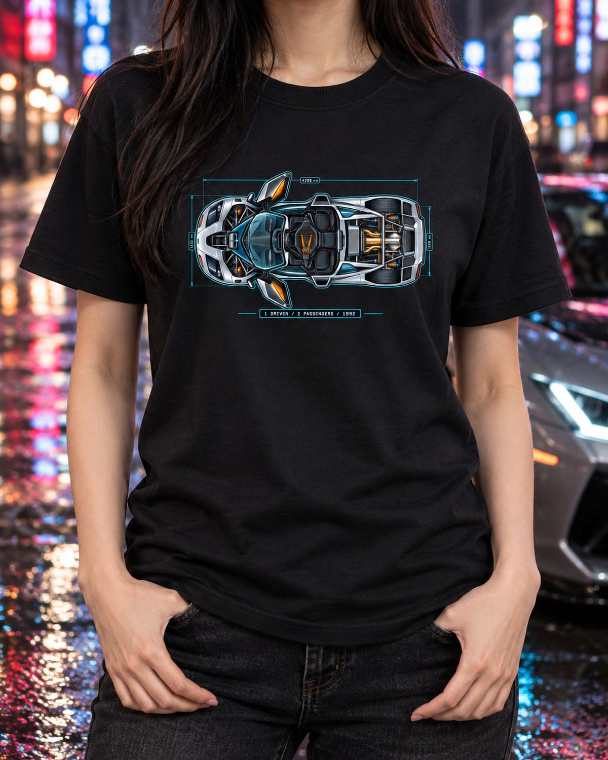 McLaren F1 Blueprint Shirt, One Driver Two Passengers, Car Guy Gift T-Shirt Black worn hero