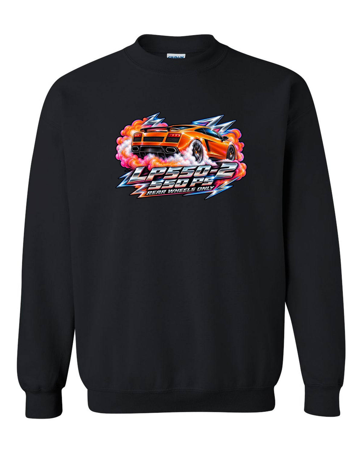 80s airbrush chrome design of a Lamborghini Gallardo LP550-2 with rear wheels only text black crewneck front view with the design