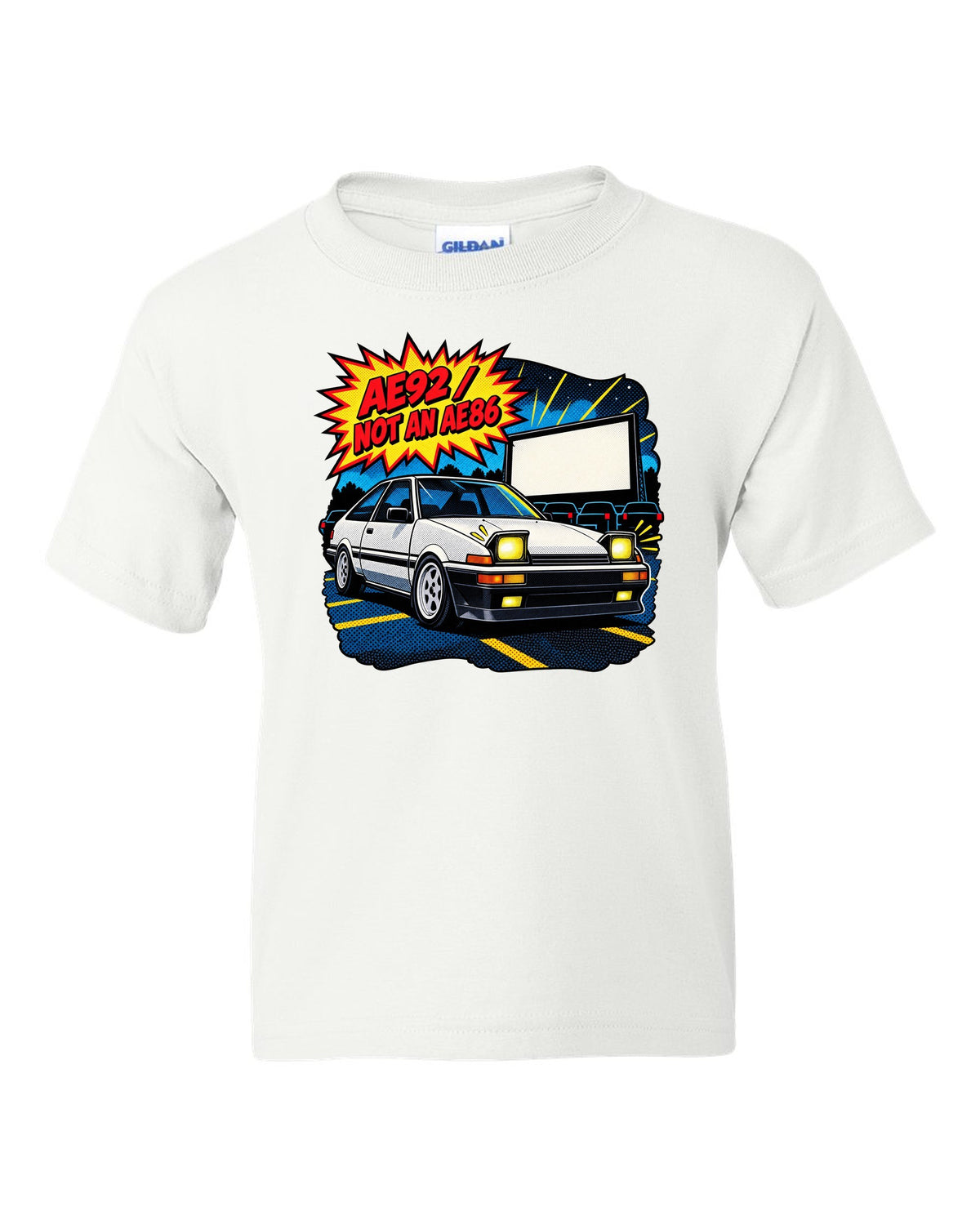 Comic halftone pop-art of a Toyota Corolla AE92 Trueno with the text AE92 Not an AE86 white kids tee front view with the design