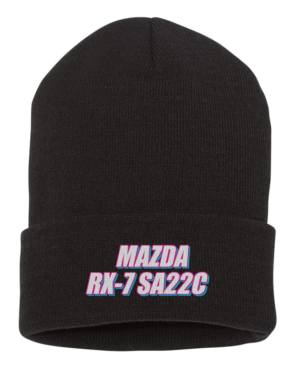 Mazda Rx-7 Sa22C black beanie front view with car name
