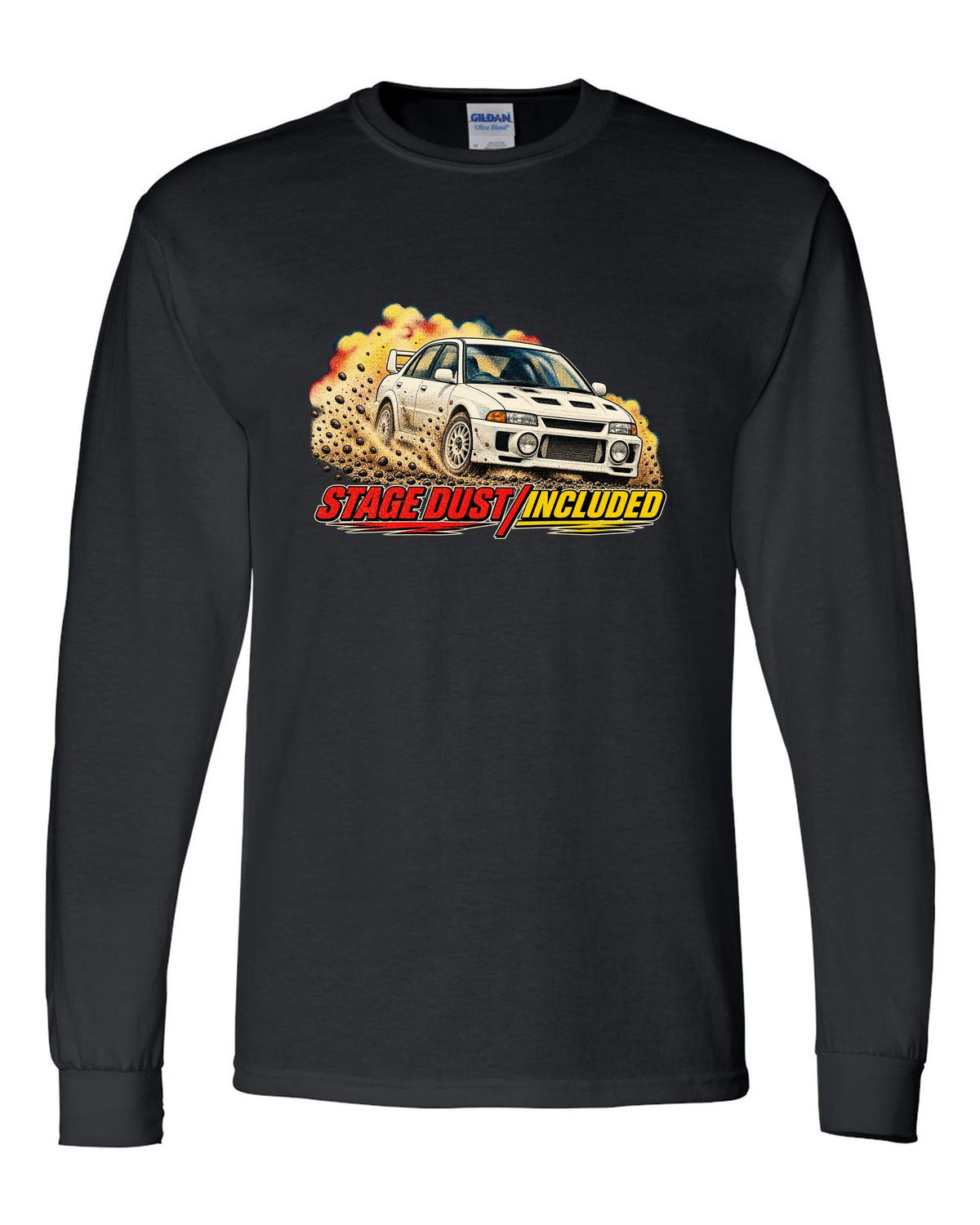 Halftone rally magazine style Mitsubishi Lancer Evolution III CE9A on gravel black long sleeve front view with the design