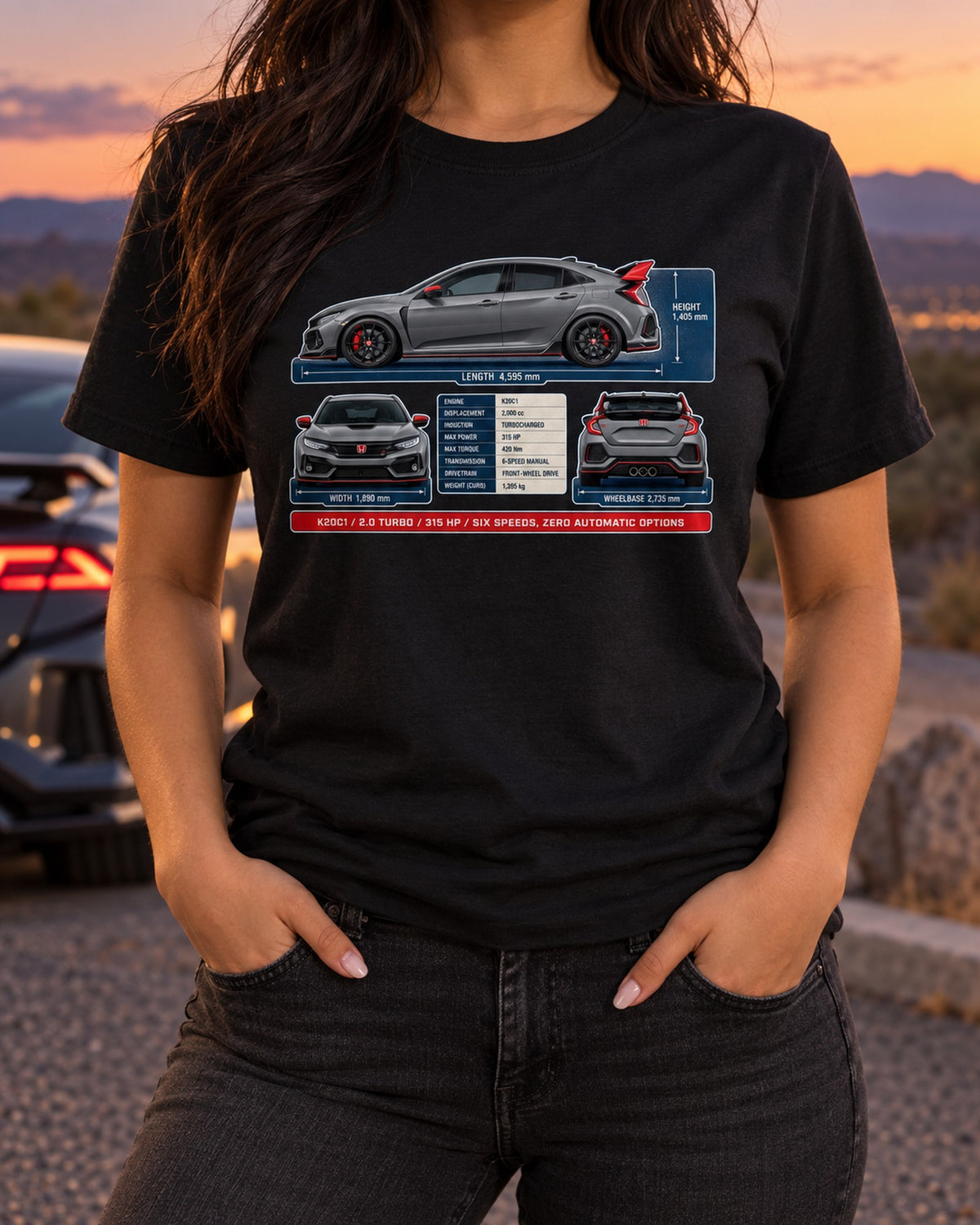 Honda Civic Type R FL5 Dimension Blueprint Shirt, Car Guy Gift T-Shirt Black worn hero