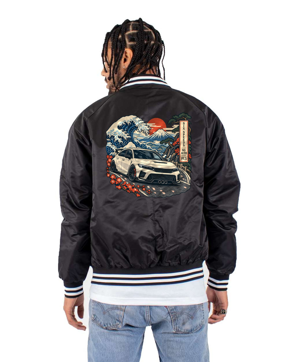 FL5 Civic Type R Ukiyo-e Woodblock Shirt, Fuji Pass Car Tee Bomber Jacket Black back