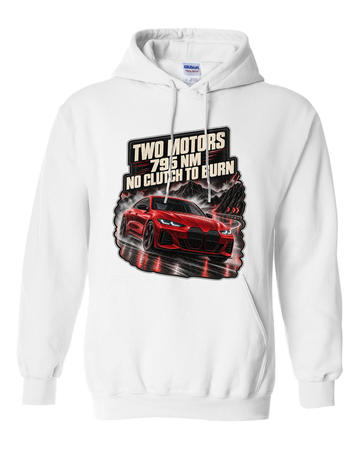 Night touge road print of a BMW i4 M50 G26 with two motors and 795 Nm white pull over hoodie front view with the design