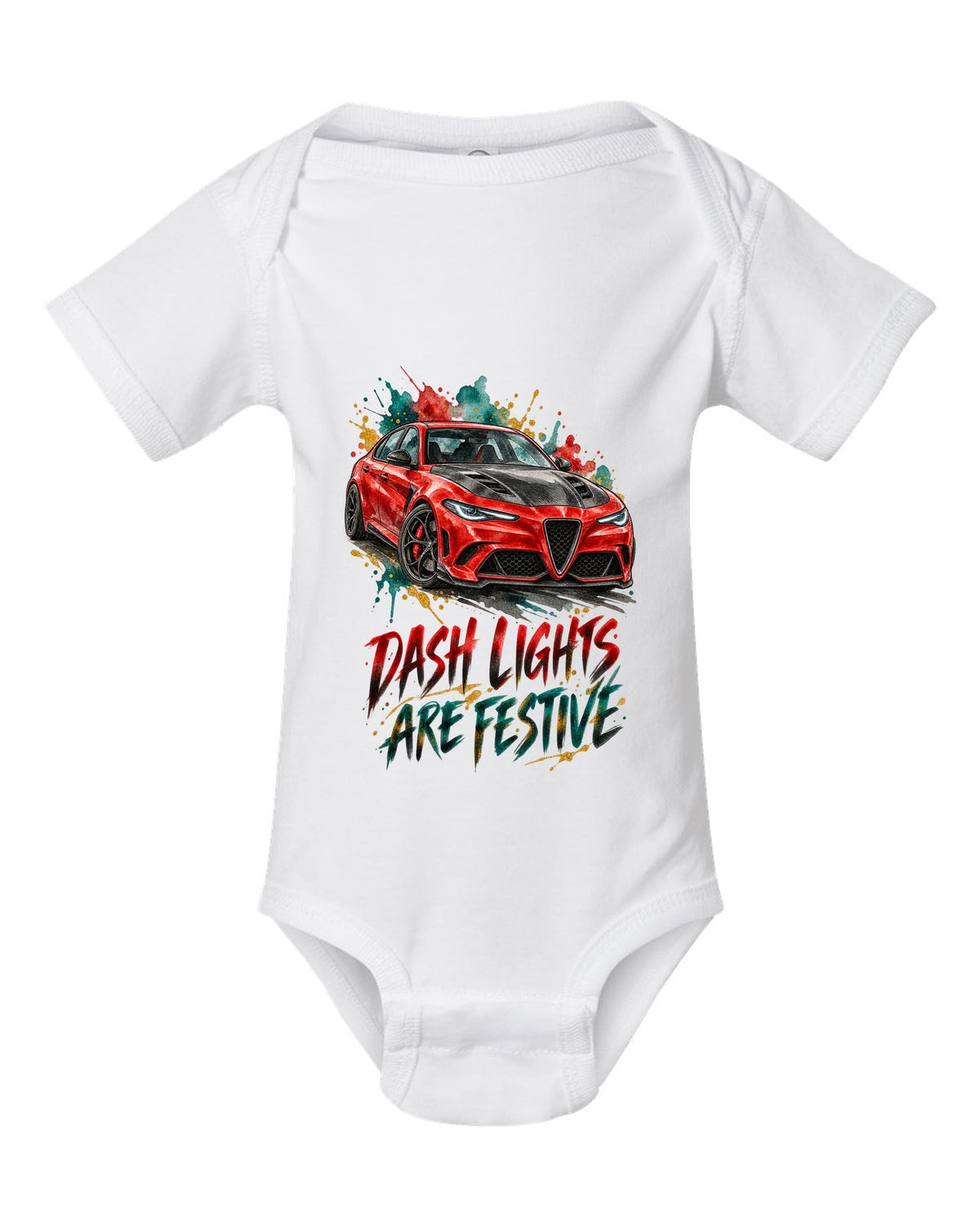 Watercolour ink illustration of an Alfa Romeo Giulia Quadrifoglio 952 with dash lights text on a tee back white baby onesie front view with the design