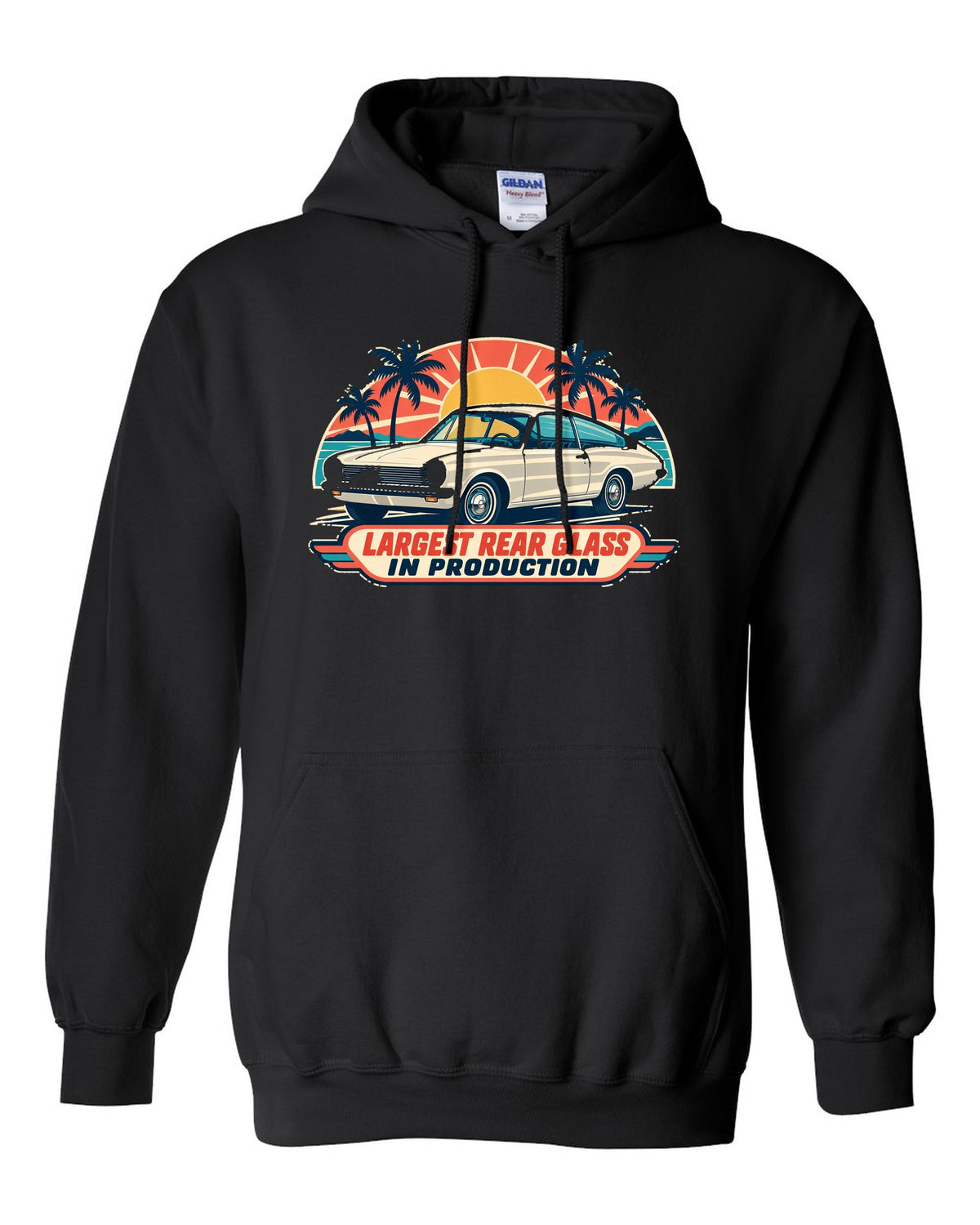 Mid-century travel poster print of a 1965 Plymouth Barracuda fastback black pull over hoodie front view with the design
