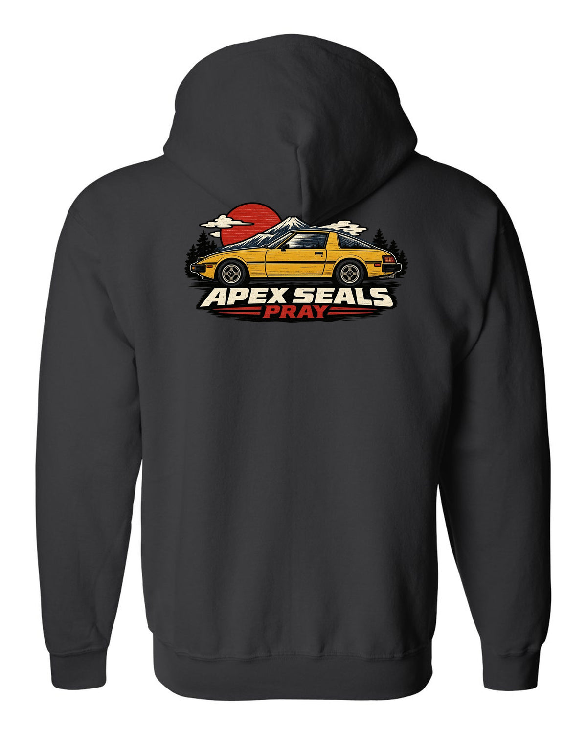 Mazda RX-7 SA22C Linocut Side Profile black zip hoodie back view with the design