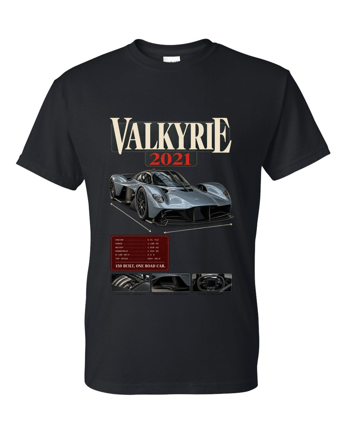 Aston Martin Valkyrie 2021 archive panel print with 150 built one road car text black t-shirt front view with the design