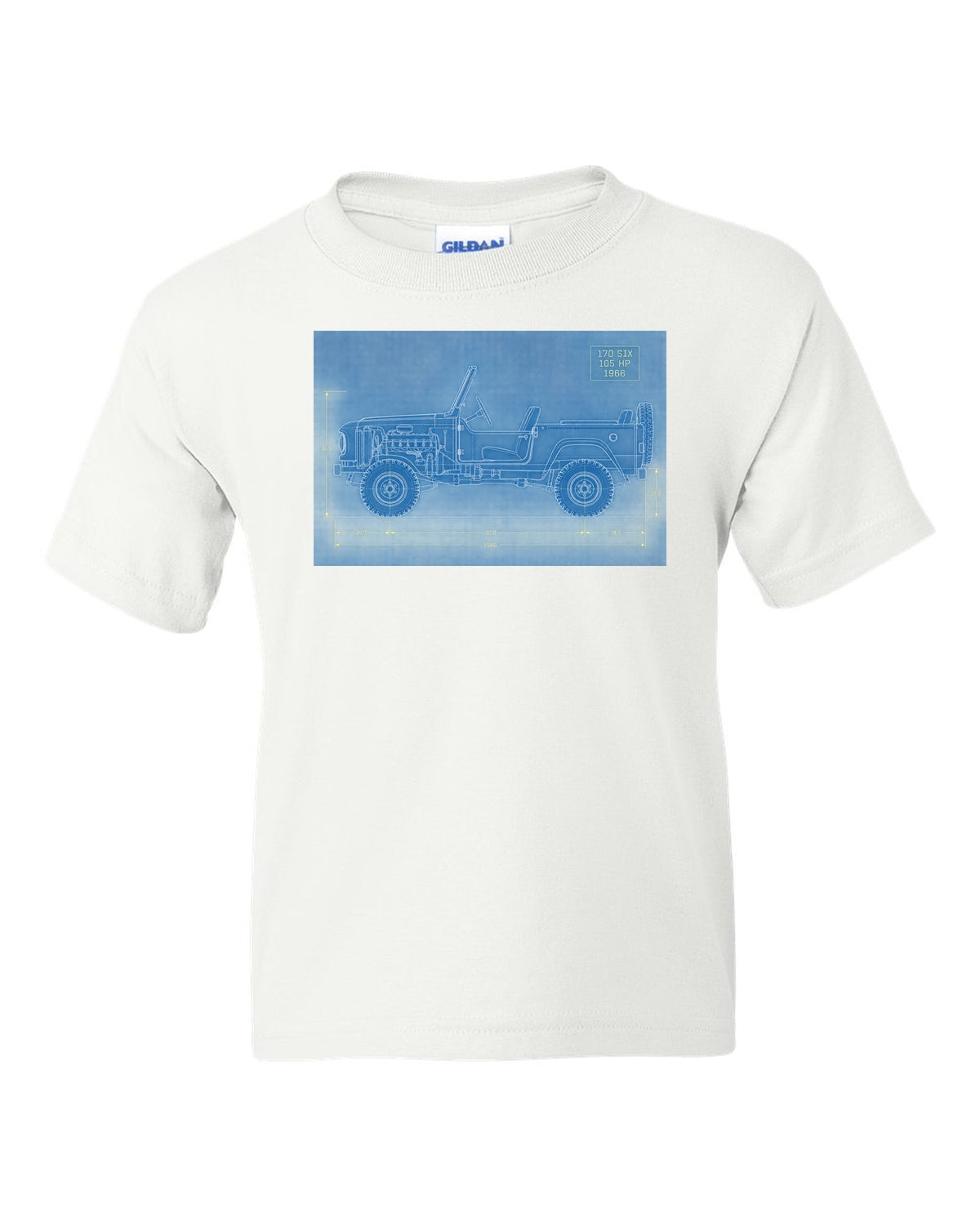 Blueprint-style line art of a 1966 Ford Bronco U13 roadster at a trailhead with 170 SIX 105 HP notes white kids tee front view with the design