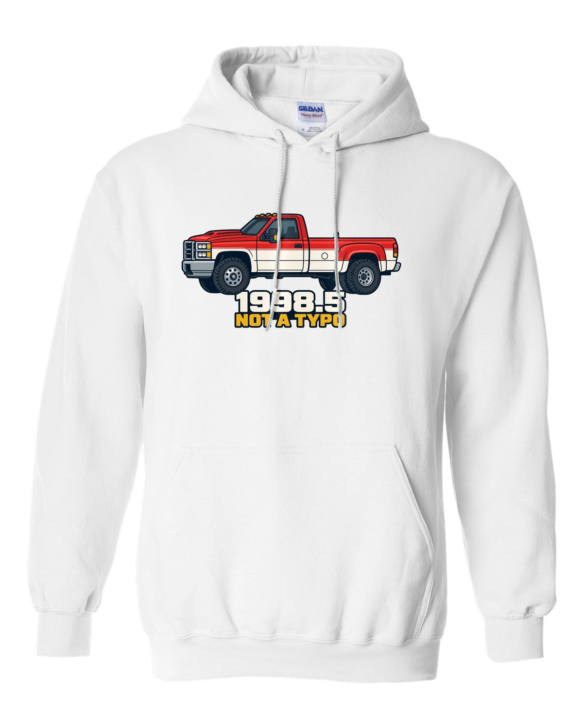 Flat vector poster print of a 1998.5-2002 Ram 2500 24V Cummins with 1998.5 Not A Typo text white pull over hoodie front view with the design