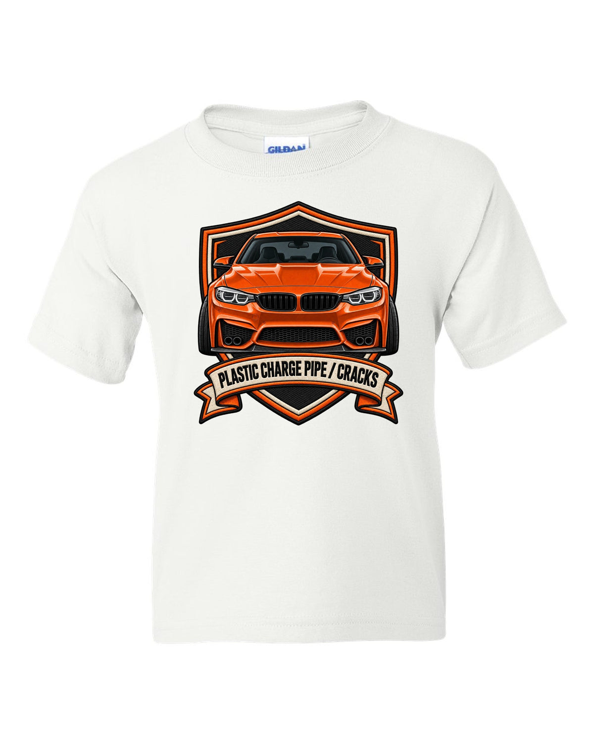 BMW F80 M3 varsity crest print with charge pipe joke text white kids tee front view with the design