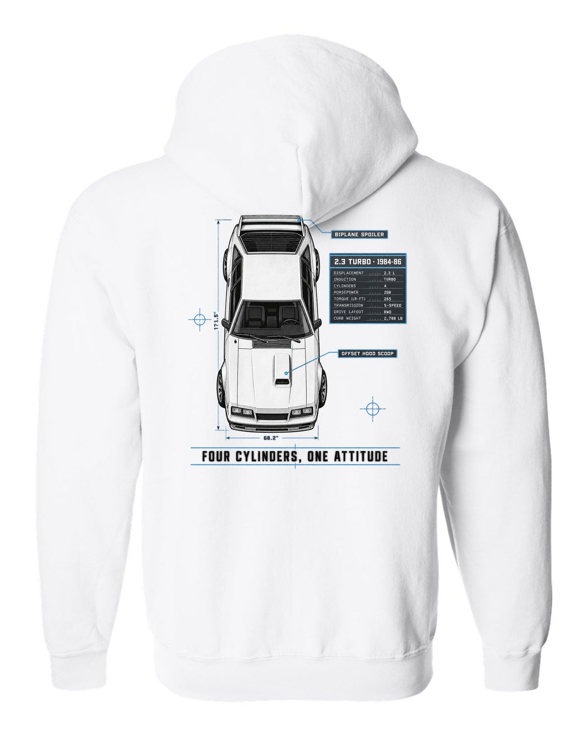 Spec poster print of a 1984-86 Fox Body Mustang 2.3 turbo chback white zip hoodie back view with the design