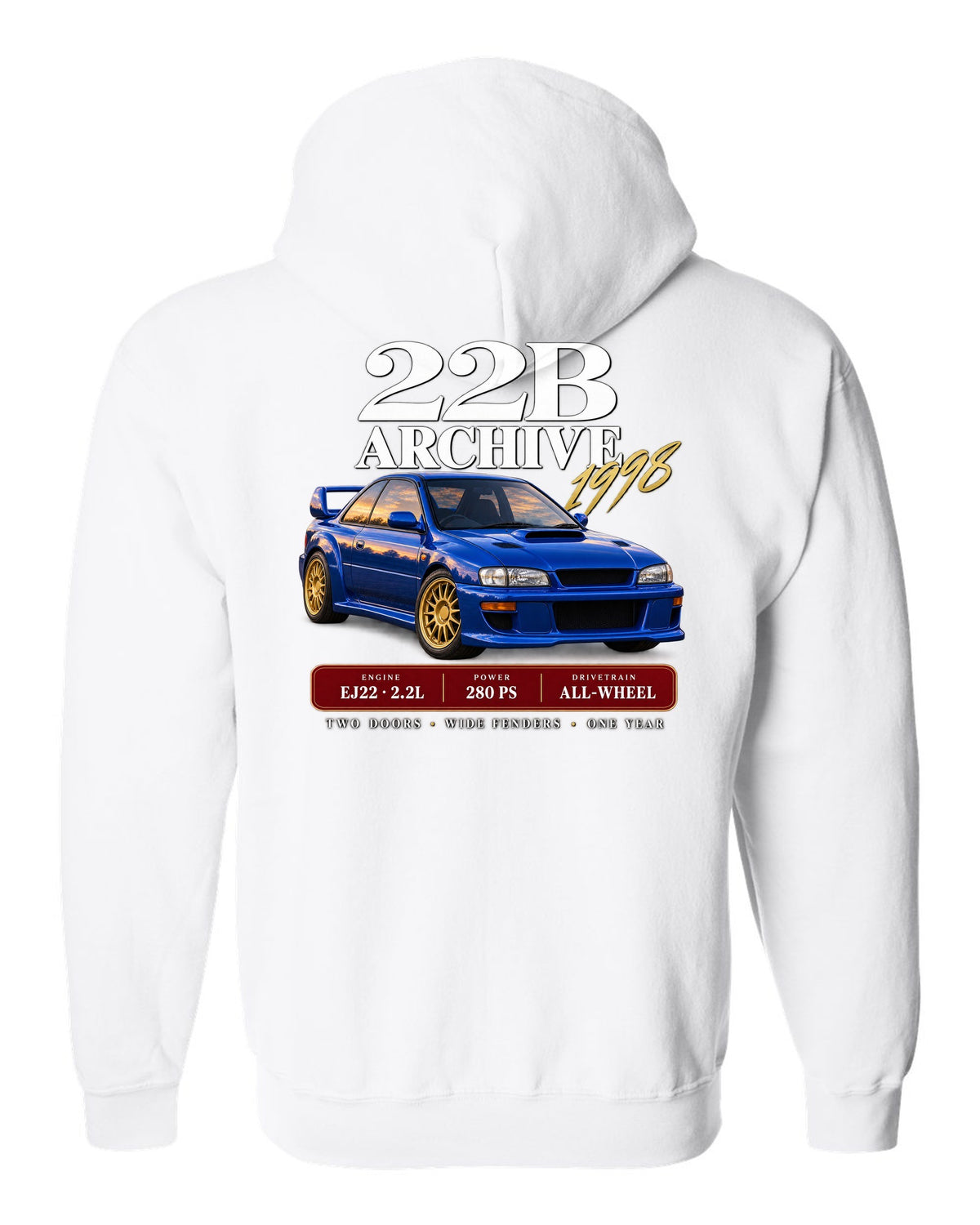 Subaru Impreza 22B STI 1998 archive panel with EJ22 2.2L 280 PS specs white zip hoodie back view with the design