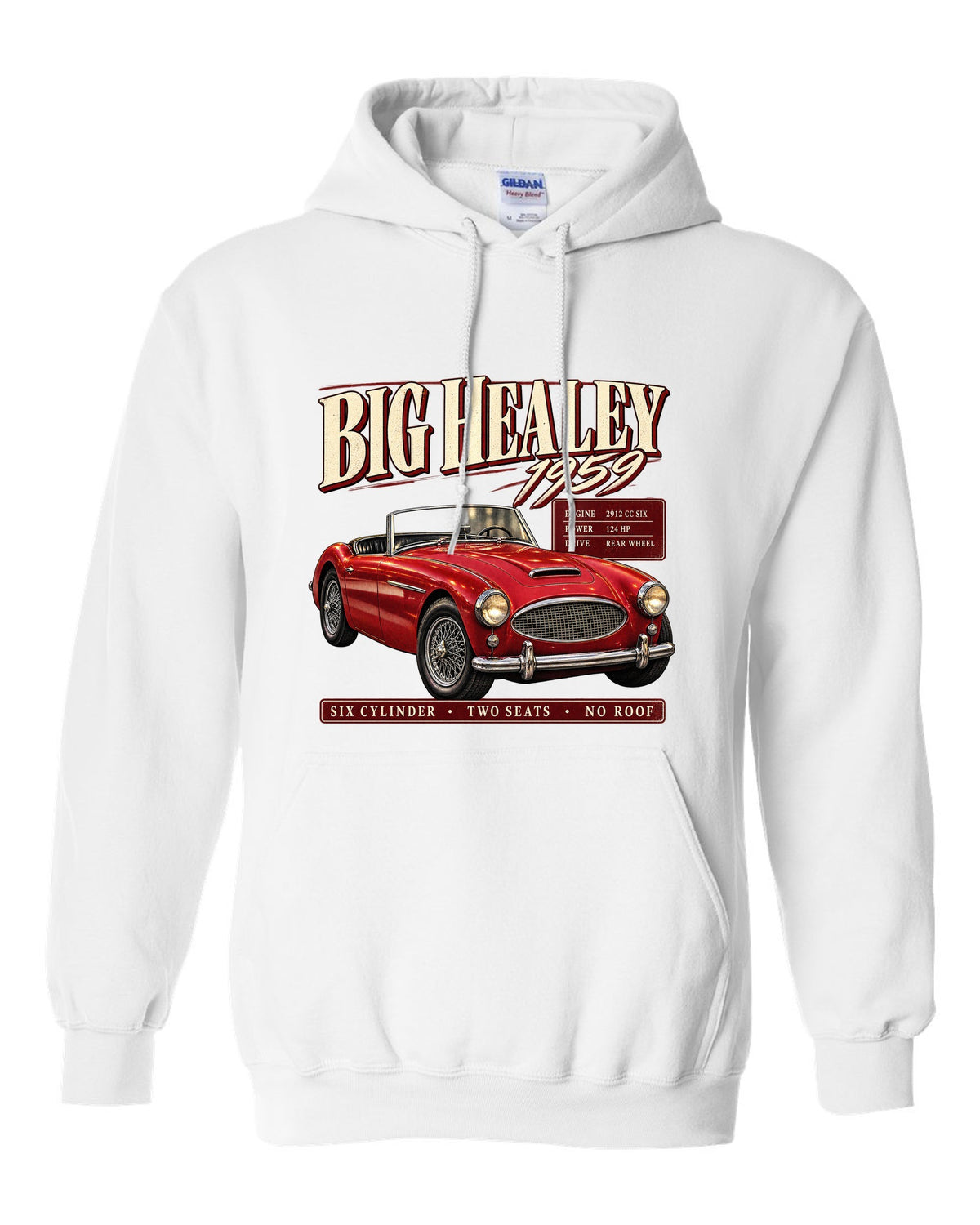 print of a red 1959 Austin-Healey 3000 Mk I BN7 in three-quarter front view with spec panel white pull over hoodie front view with the design